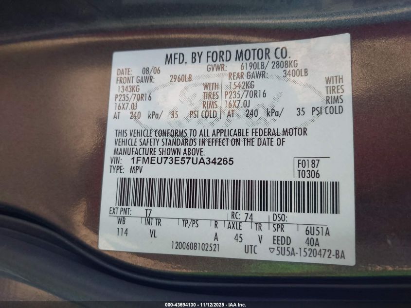 2007 Ford Explorer Xlt VIN: 1FMEU73E57UA34265 Lot: 43694130