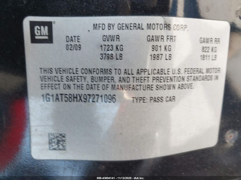 2009 Chevrolet Cobalt Lt VIN: 1G1AT58HX97271096 Lot: 43694141