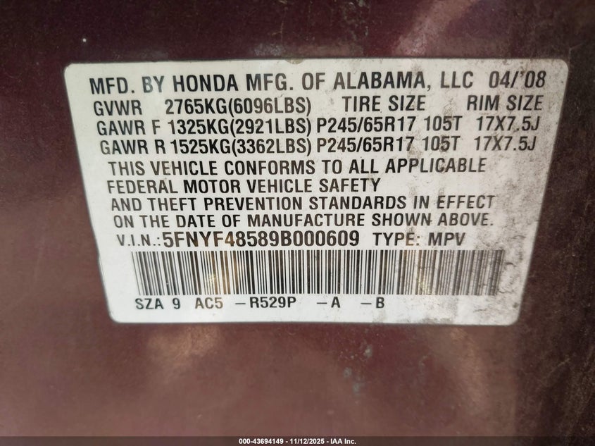 5FNYF48589B000609 2009 HONDA PILOT photo no. 9