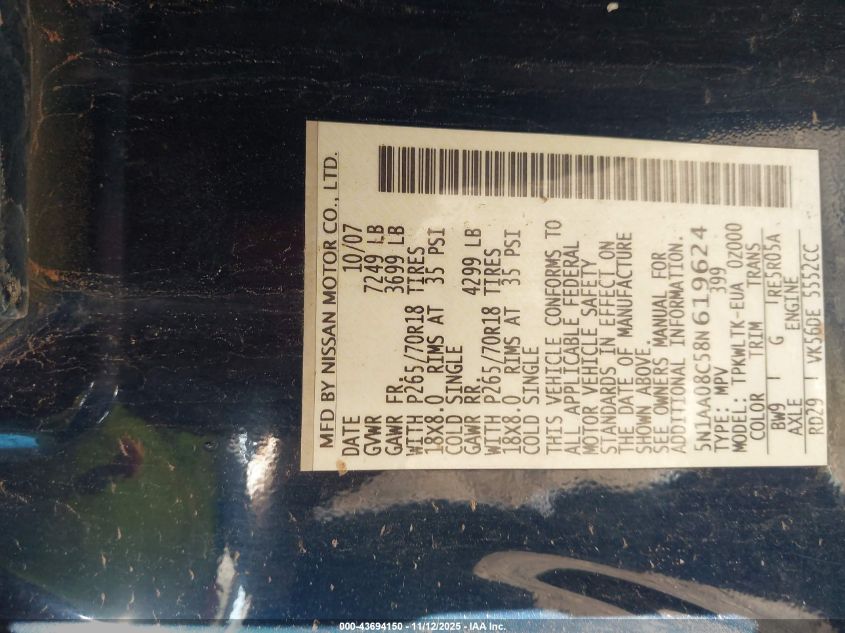 2008 Nissan Armada Se VIN: 5N1AA08C58N619624 Lot: 43694150