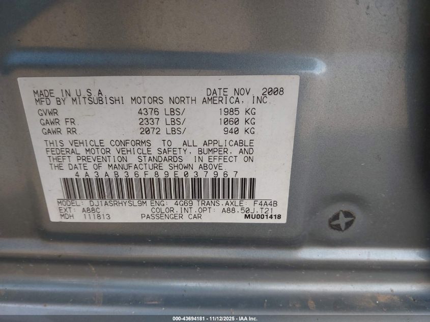 2009 Mitsubishi Galant Es/Sport Edition VIN: 4A3AB36F89E037967 Lot: 43694181