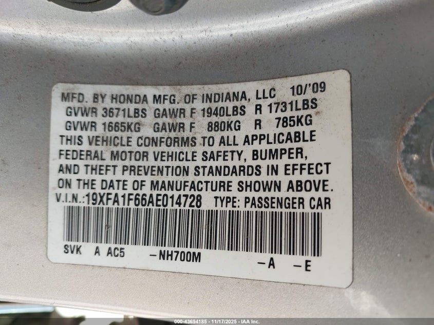 19XFA1F66AE014728 2010 HONDA CIVIC photo no. 9