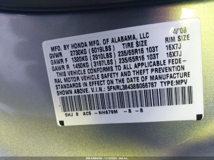 2008 Honda Odyssey Ex VIN: 5FNRL38438B066787 Lot: 43694186