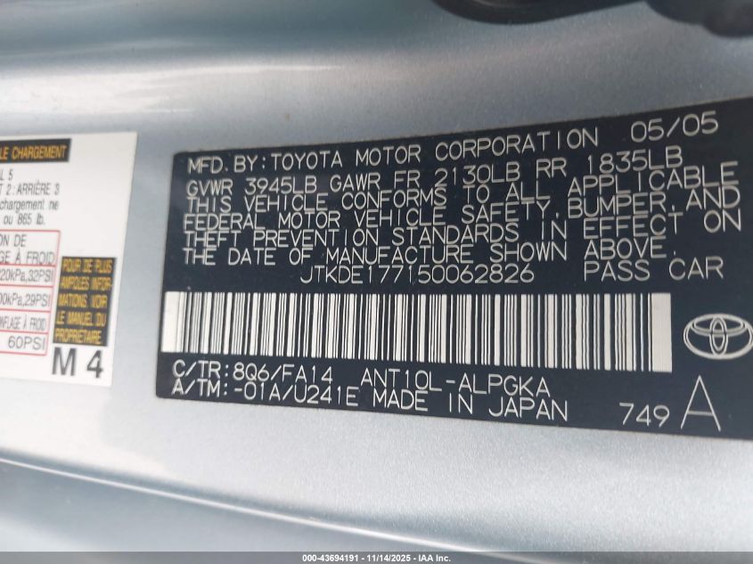 2005 Scion Tc VIN: JTKDE177150062826 Lot: 43694191