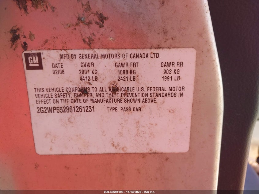 2006 Pontiac Grand Prix VIN: 2G2WP552861261231 Lot: 43694193