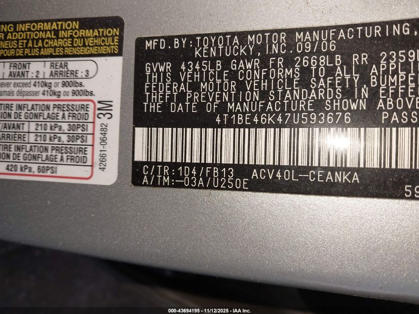 2007 Toyota Camry Le VIN: 4T1BE46K47U593676 Lot: 43694195