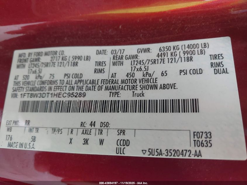 2017 Ford F-350 Lariat VIN: 1FT8W3DT1HEC95289 Lot: 43694197