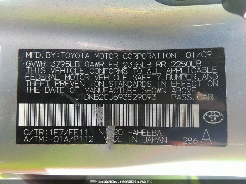2009 Toyota Prius VIN: JTDKB20U693529093 Lot: 43694202
