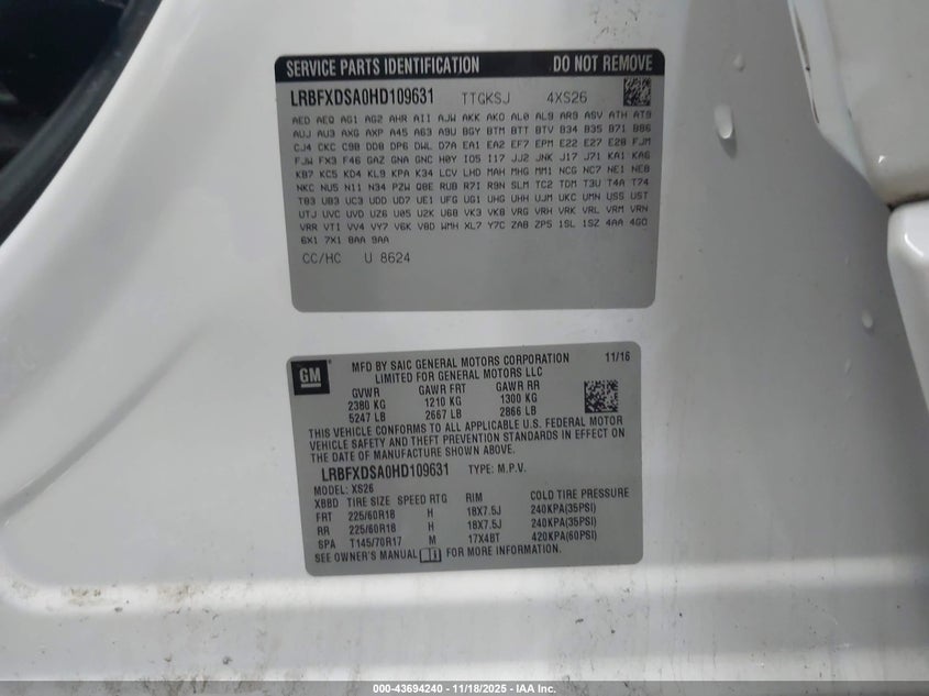 2017 Buick Envision Essence VIN: LRBFXDSA0HD109631 Lot: 43694240