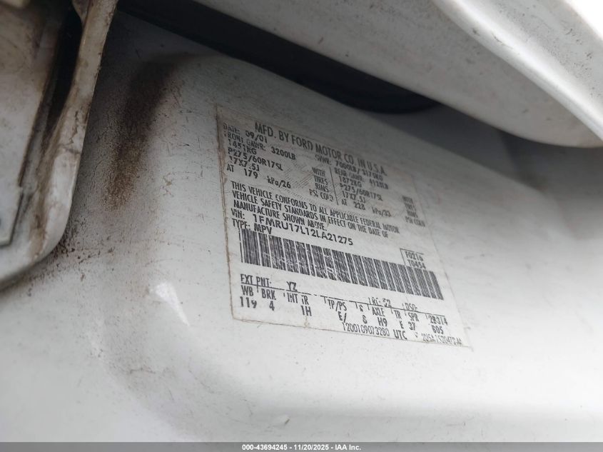 2002 Ford Expedition Eddie Bauer VIN: 1FMRU17L12LA21275 Lot: 43694245