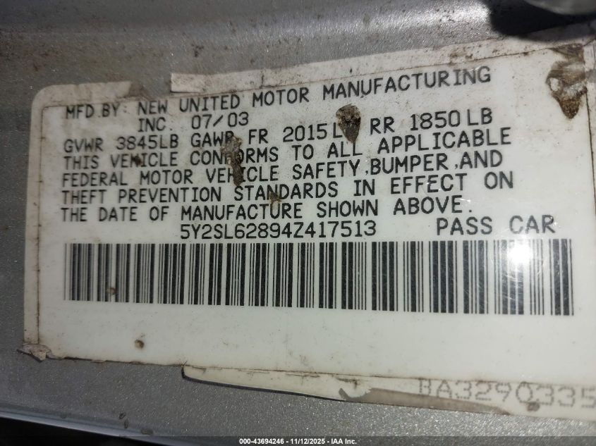 2004 Pontiac Vibe VIN: 5Y2SL62894Z417513 Lot: 43694246
