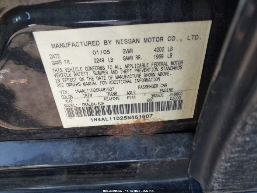 2005 Nissan Altima 2.5 S VIN: 1N4AL11D25N461607 Lot: 43694247