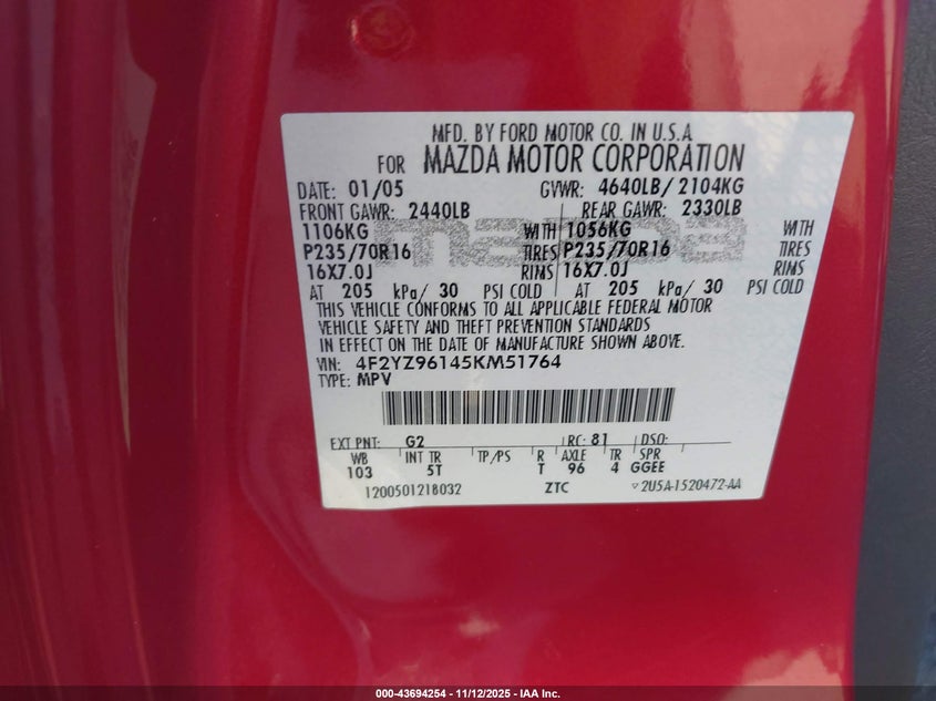 2005 Mazda Tribute S VIN: 4F2YZ96145KM51764 Lot: 43694254