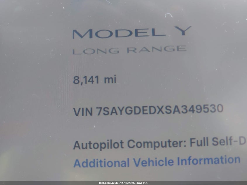 2025 Tesla Model Y Long Range Dual Motor Rear-Wheel Drive VIN: 7SAYGDEDXSA349530 Lot: 43694256
