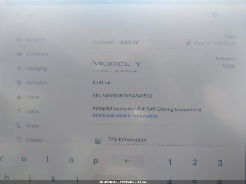 2025 Tesla Model Y Long Range Dual Motor Rear-Wheel Drive VIN: 7SAYGDEDXSA349530 Lot: 43694256