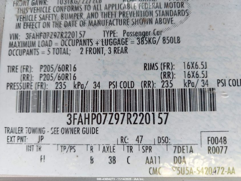 2007 Ford Fusion Se VIN: 3FAHP07Z97R220157 Lot: 43694273