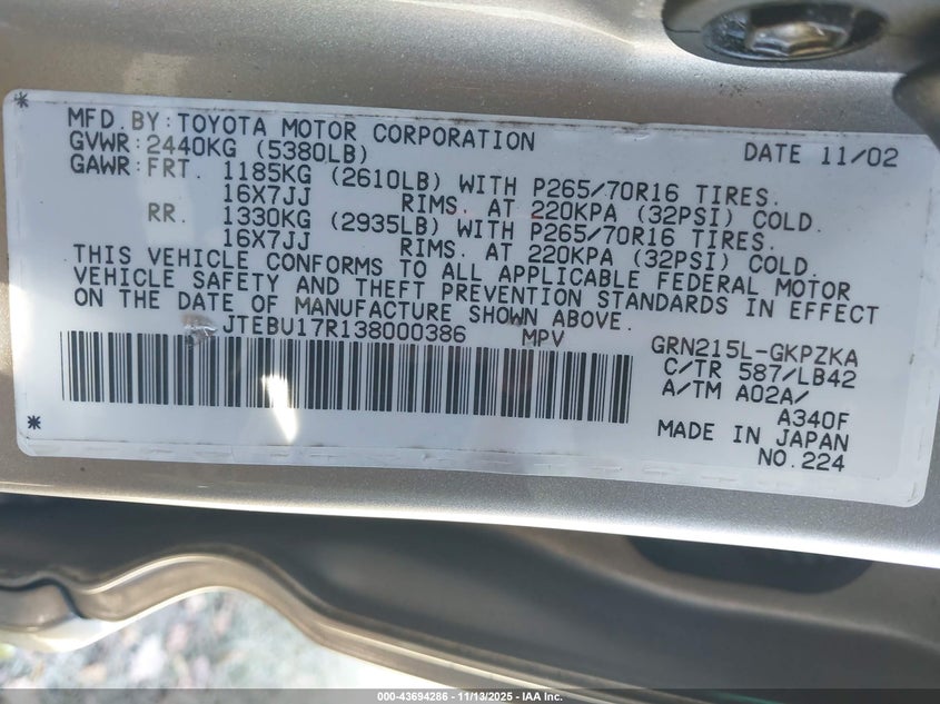 JTEBU17R138000386 2003 TOYOTA 4RUNNER photo no. 9