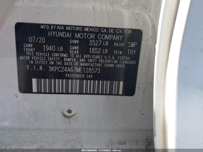 2021 Hyundai Accent Se VIN: 3KPC24A67ME128573 Lot: 43694305