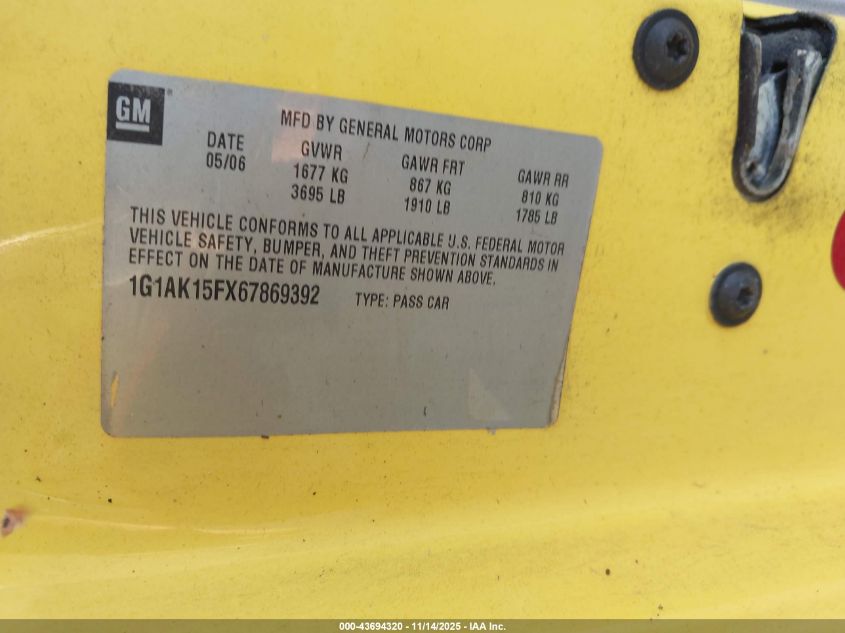 2006 Chevrolet Cobalt Ls VIN: 1G1AK15FX67869392 Lot: 43694320