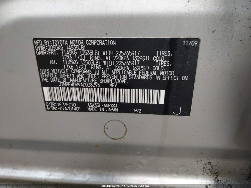 2010 Toyota Rav4 VIN: JTMBF4DV9AD028295 Lot: 43694323
