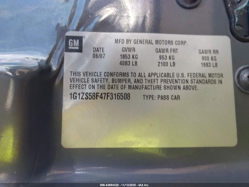 2007 Chevrolet Malibu Ls VIN: 1G1ZS58F47F316508 Lot: 43694328