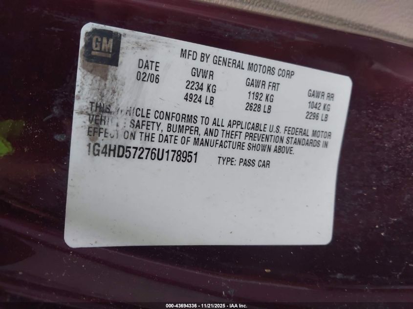 2006 Buick Lucerne Cxl VIN: 1G4HD57276U178951 Lot: 43694336