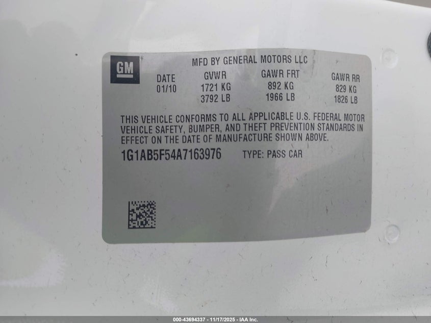 2010 Chevrolet Cobalt Ls VIN: 1G1AB5F54A7163976 Lot: 43694337