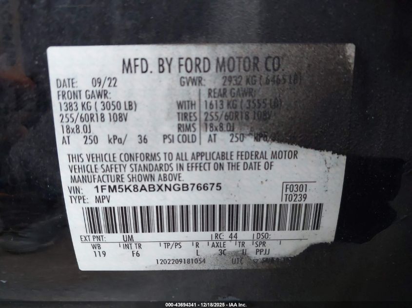 2022 Ford Police Interceptor Utility VIN: 1FM5K8ABXNGB76675 Lot: 43694341