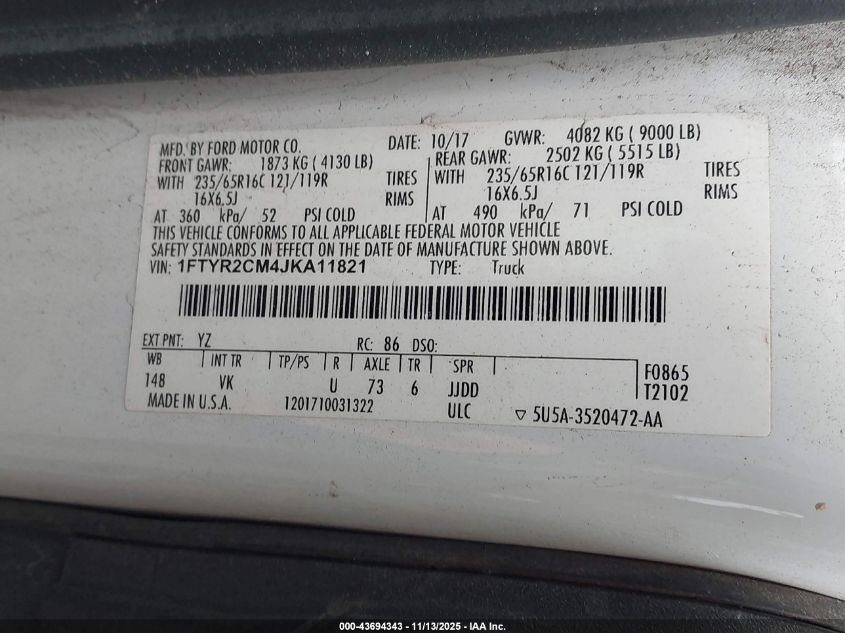 2018 Ford Transit-250 VIN: 1FTYR2CM4JKA11821 Lot: 43694343