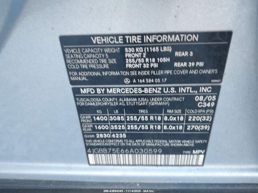 2006 Mercedes-Benz Ml 500 4Matic VIN: 4JGBB75E66A030599 Lot: 43694349