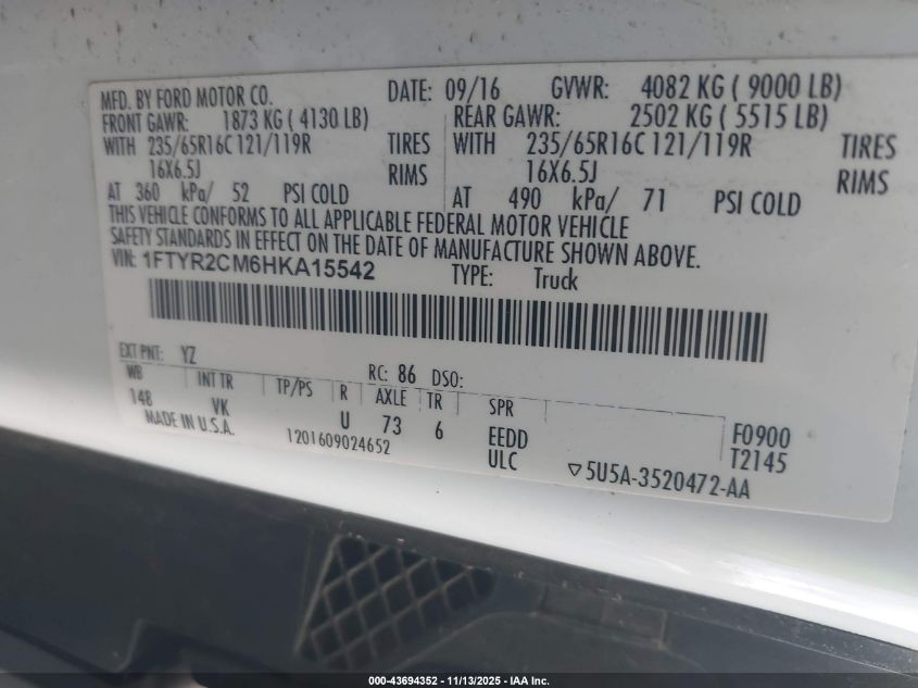 2017 Ford Transit-250 VIN: 1FTYR2CM6HKA15542 Lot: 43694352