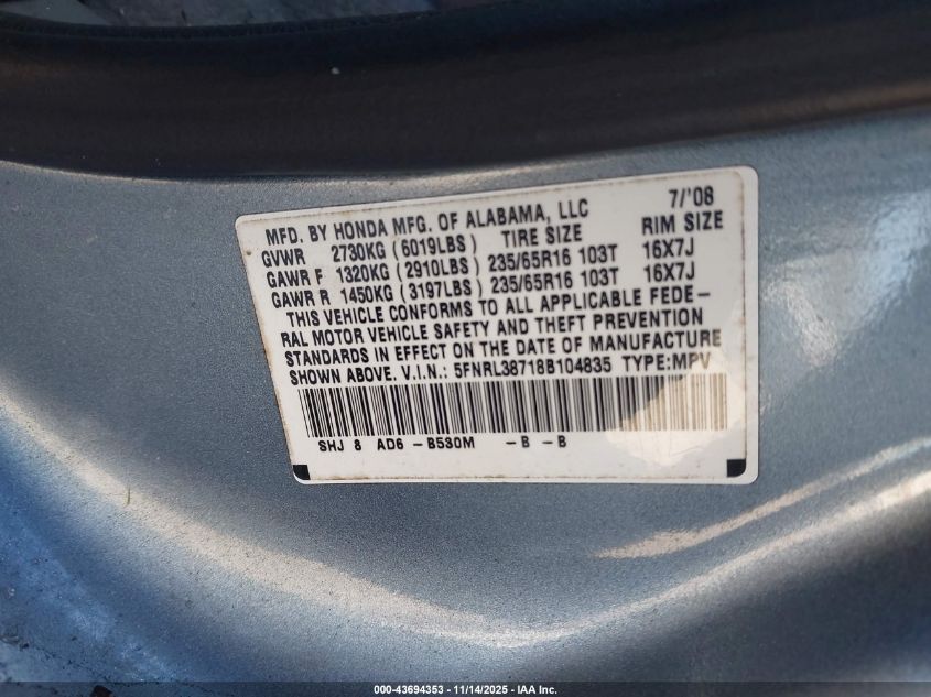 2008 Honda Odyssey Ex-L VIN: 5FNRL38718B104835 Lot: 43694353