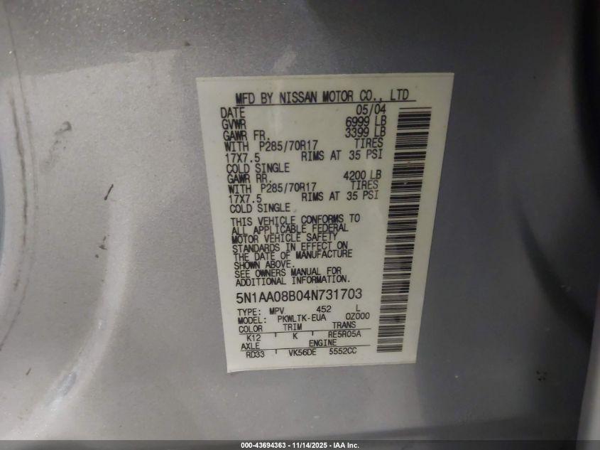 2004 Nissan Pathfinder Armada Se Off-Road VIN: 5N1AA08B04N731703 Lot: 43694363