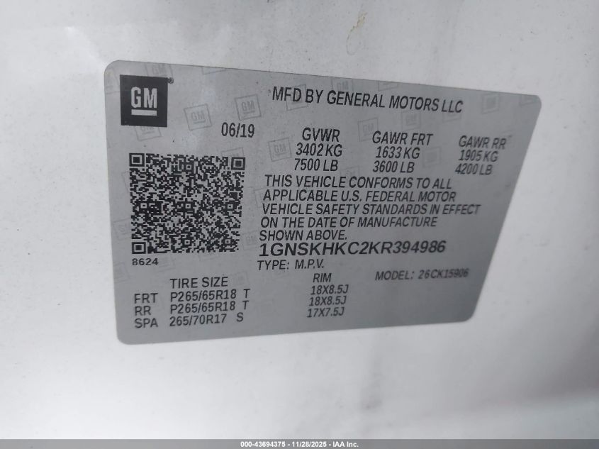 2019 Chevrolet Suburban Lt VIN: 1GNSKHKC2KR394986 Lot: 43694375