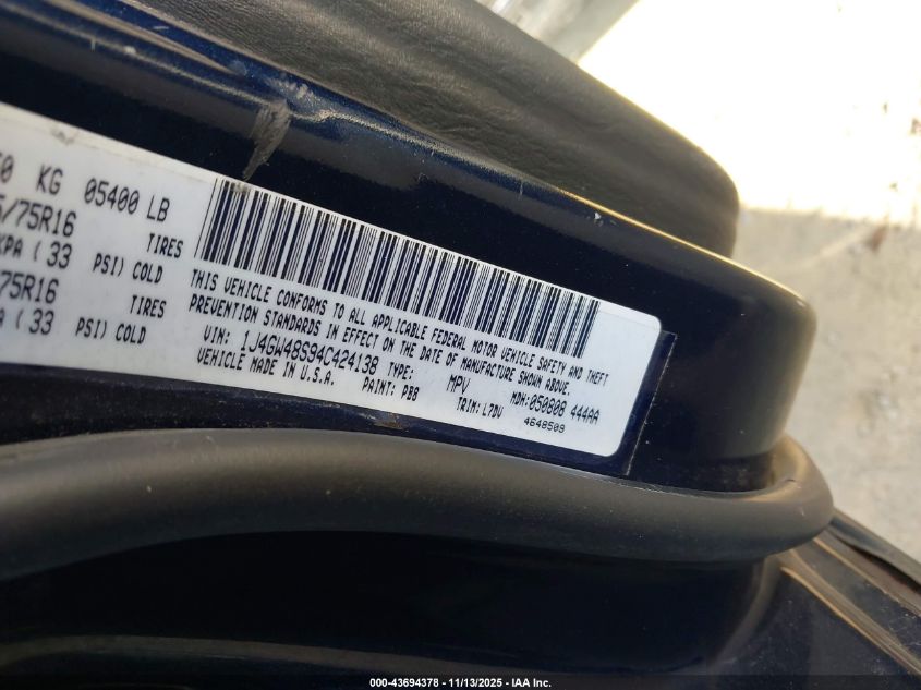 2004 Jeep Grand Cherokee Laredo VIN: 1J4GW48S94C424138 Lot: 43694378