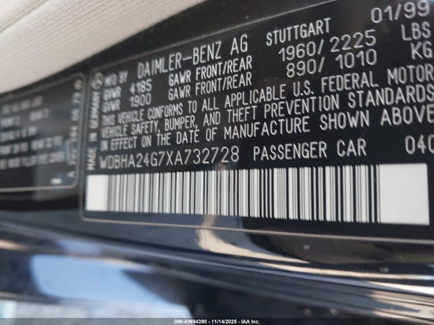 1999 Mercedes-Benz C 230 Kompressor VIN: WDBHA24G7XA732728 Lot: 43694390