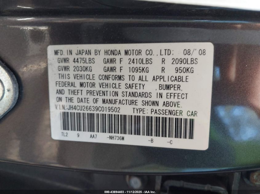 2009 Acura Tsx VIN: JH4CU26639C019502 Lot: 43694403