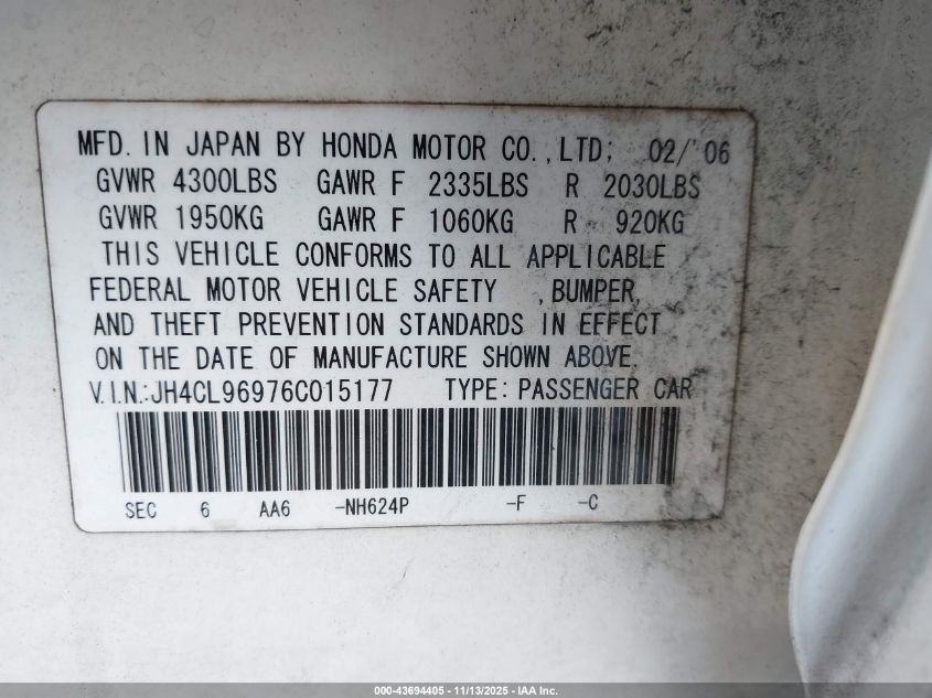 2006 Acura Tsx VIN: JH4CL96976C015177 Lot: 43694405
