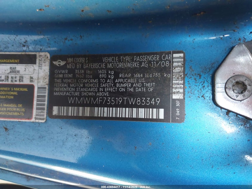 2009 Mini Cooper S VIN: WMWMF73519TW83349 Lot: 43694417