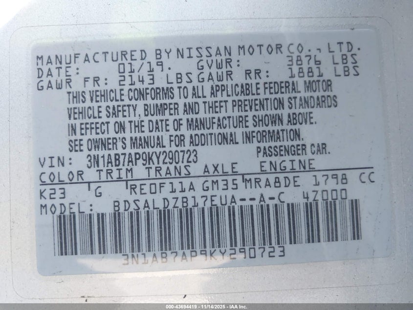 2019 NISSAN SENTRA SV 3N1AB7AP9KY290723