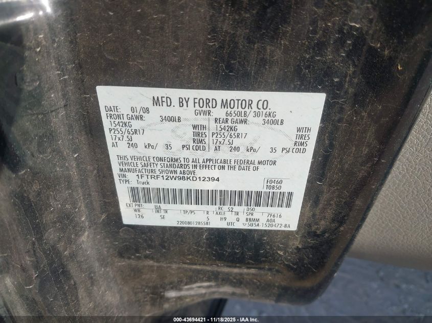 2008 Ford F-150 Fx2/Stx/Xl/Xlt VIN: 1FTRF12W98KD12394 Lot: 43694421