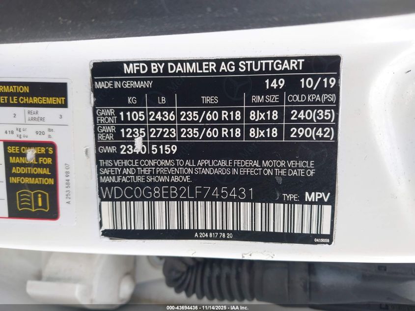 2020 Mercedes-Benz Glc 300 4Matic VIN: WDC0G8EB2LF745431 Lot: 43694436