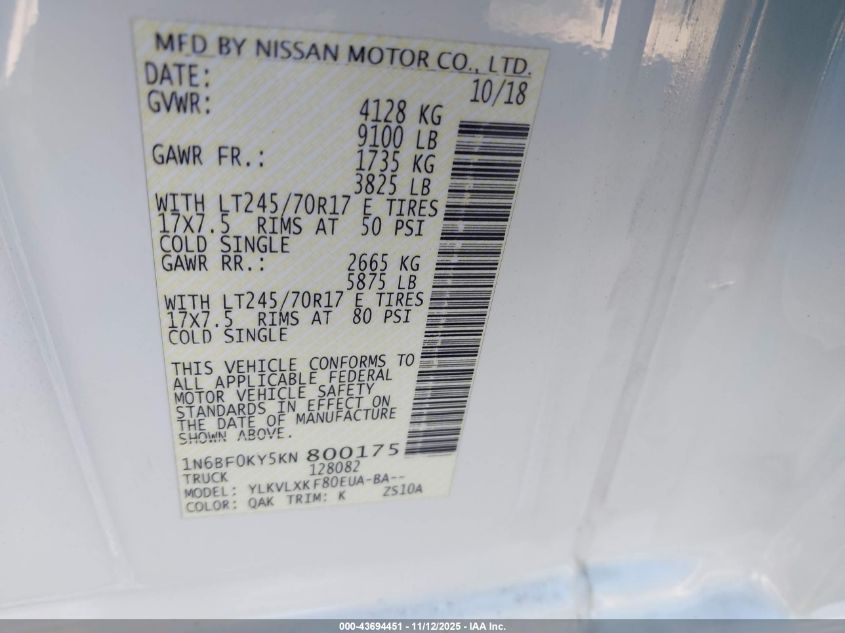 2019 Nissan Nv Cargo Nv2500 Hd Sv V6 VIN: 1N6BF0KY5KN800175 Lot: 43694451