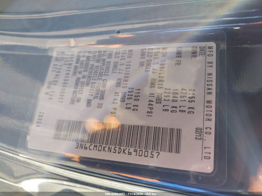 2013 Nissan Nv200 S VIN: 3N6CM0KN5DK690057 Lot: 43694452