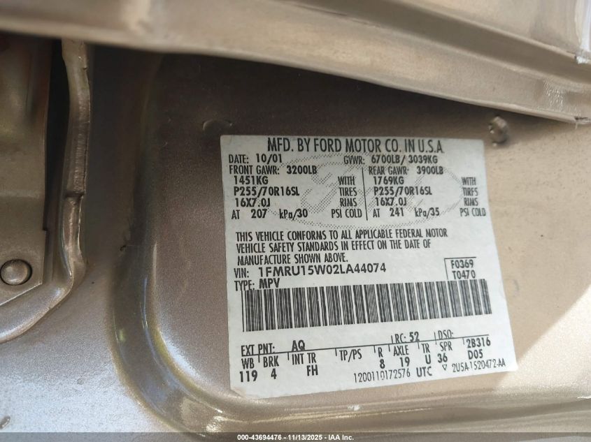 2002 Ford Expedition Xlt VIN: 1FMRU15W02LA44074 Lot: 43694476