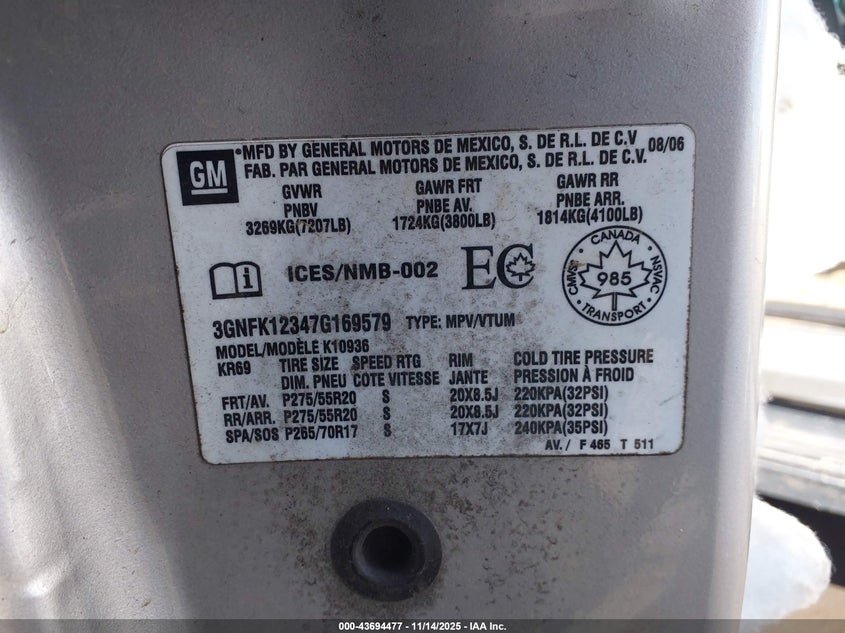 2007 Chevrolet Avalanche 1500 Ls/Lt/Ltz VIN: 3GNFK12347G169579 Lot: 43694477