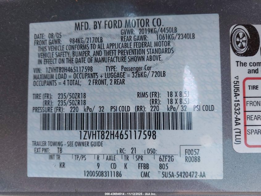 2006 Ford Mustang Gt VIN: 1ZVHT82H465117598 Lot: 43694514