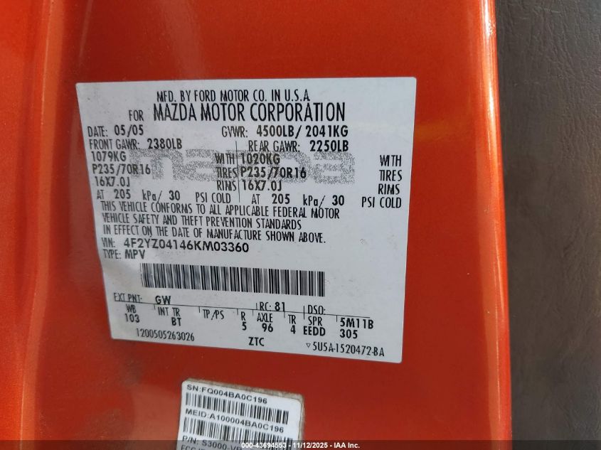 2006 Mazda Tribute S VIN: 4F2YZ04146KM03360 Lot: 43694553