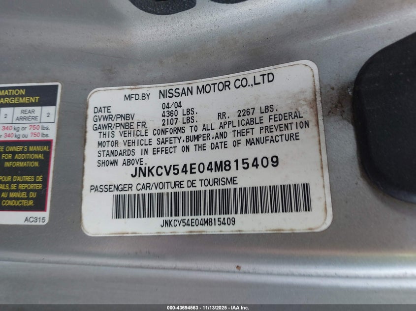 2004 Infiniti G35 VIN: JNKCV54E04M815409 Lot: 43694563