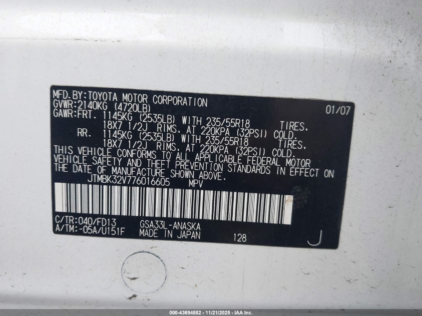 2007 Toyota Rav4 Sport V6 VIN: JTMBK32V776016605 Lot: 43694582